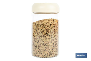 Cofan – Bote de Vidrio Borosilicato con Tapa Beige | 1 L | Cierre Hermético a Presión | Conservación de Alimentos